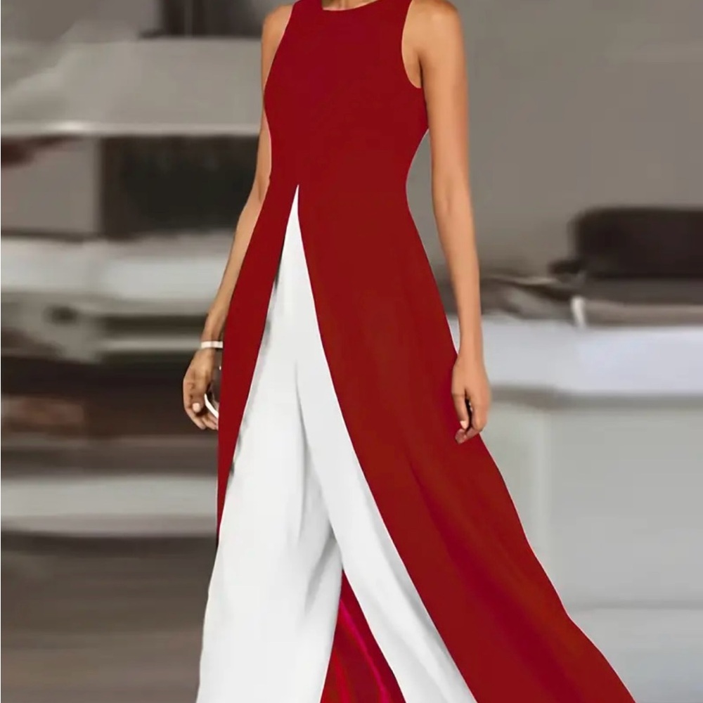SHEIN Red and White Sleeveless Jumpsuit